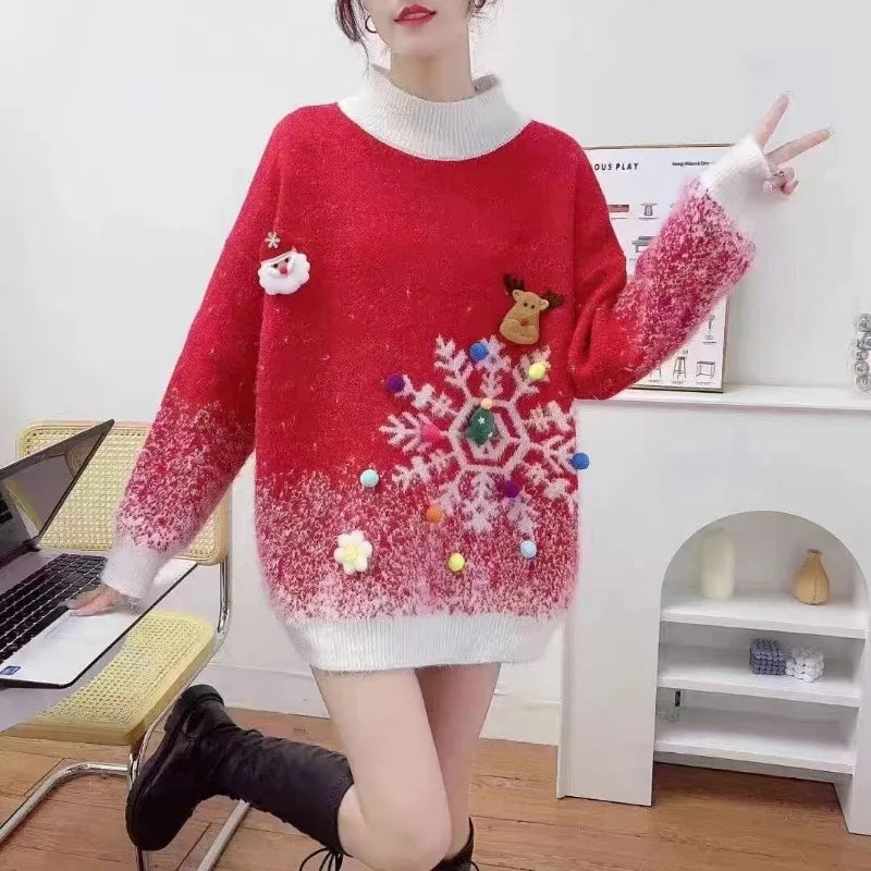 Red Christmas Sweater New Year Sweater for Women in Autumn and Winter Thickened Medium-length New Style Outer Top