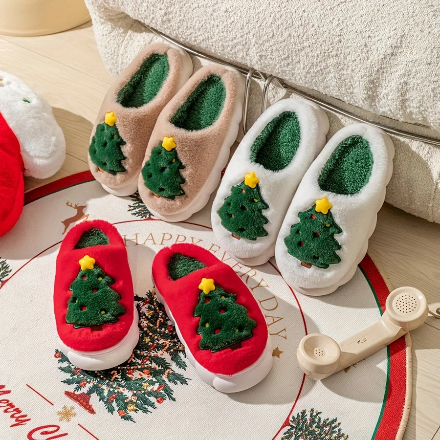 Christmas Tree Fleece Slippers, Cartoon Pattern,Round Toe Design EVA Sole Fabric Lining and Outsole, Easy to Put On and Take Off