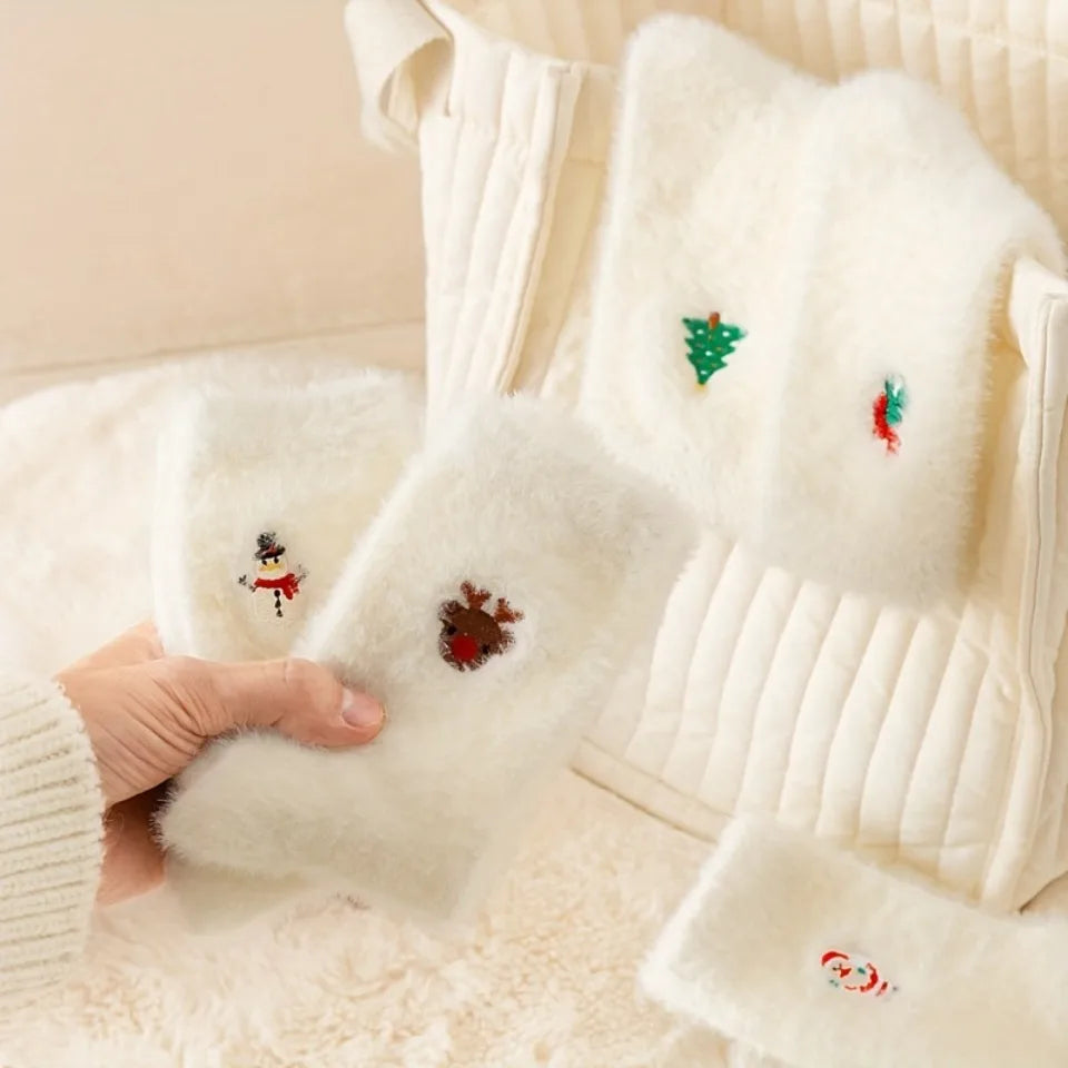 Christmas Stockings - Women's White Fuzzy Embroidered Festive Socks - Warm Thickened Velvet Hand Washable