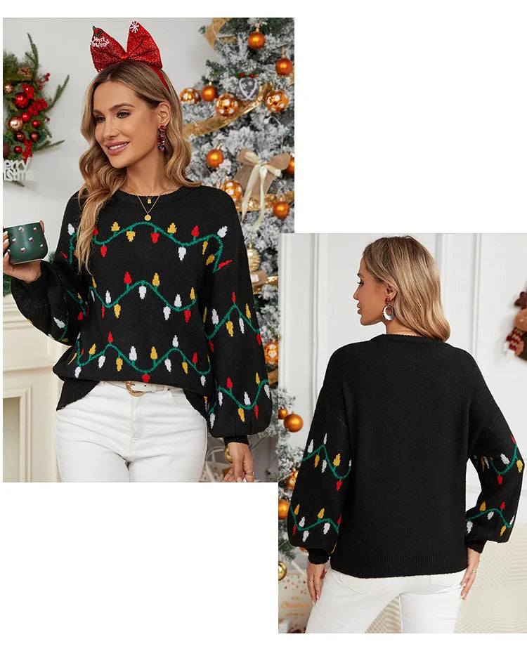 Christmas Sweater Fashion Women's Clothing Explosion Lights Sweet Pullover Loose Christmas Knitted Sweater Sweater Women