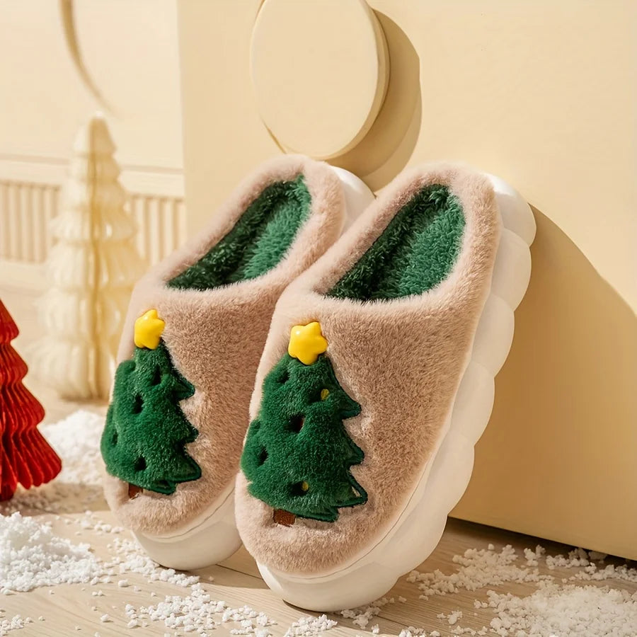 Christmas Tree Fleece Slippers, Cartoon Pattern,Round Toe Design EVA Sole Fabric Lining and Outsole, Easy to Put On and Take Off