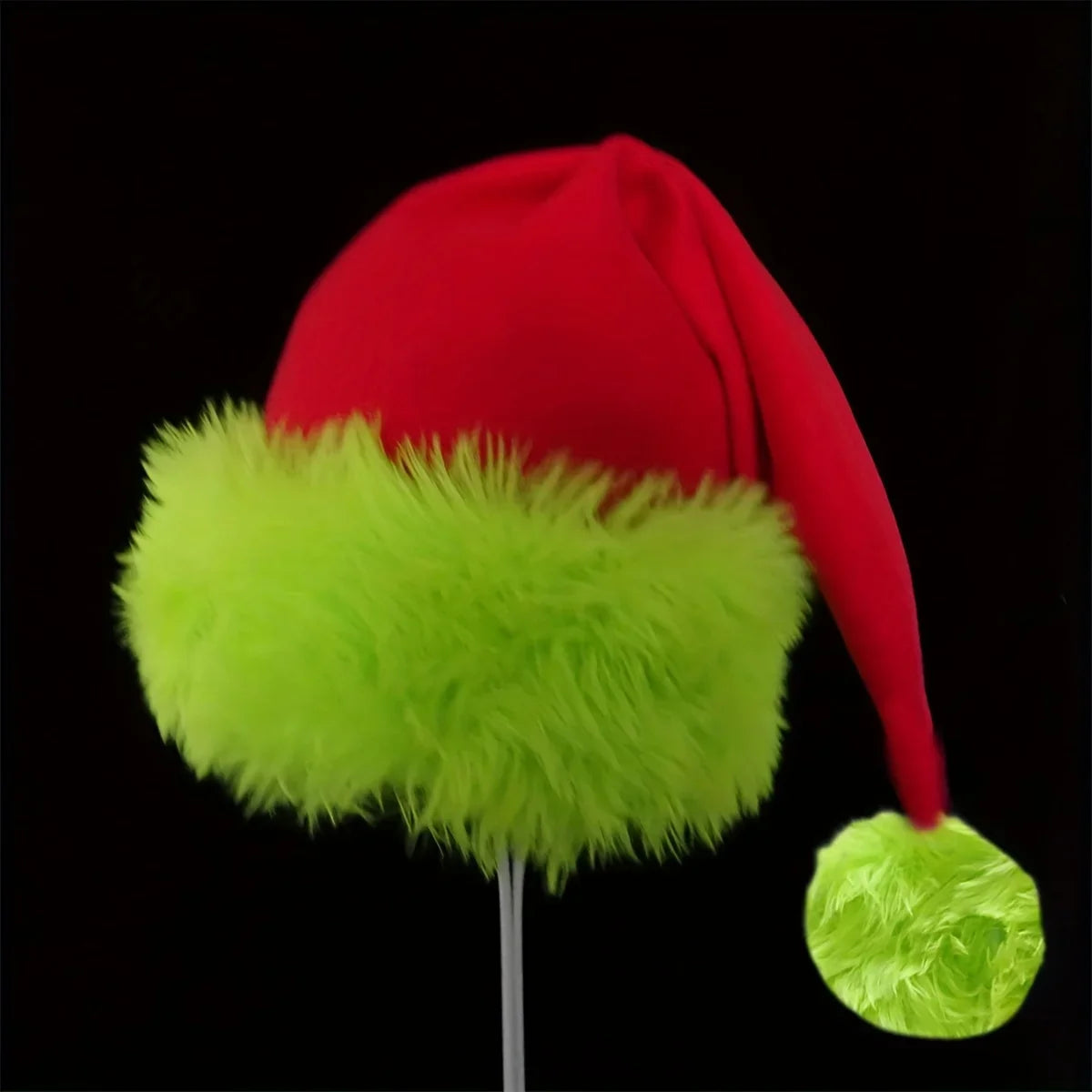 Grinch Christmas Santa Hat, Red & Neon Green Furry Trim Santa Hat, Festive Xmas Party Headwear Accessory for Adults
