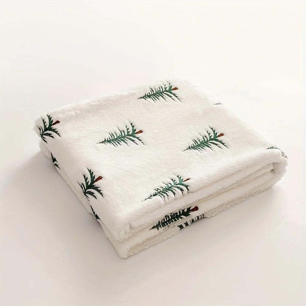 Christmas Blanket White Pine Tree Print Soft Plush Cozy Warm Xmas Design Home Decor Sofa Bed Living Room Festive Winter Gift