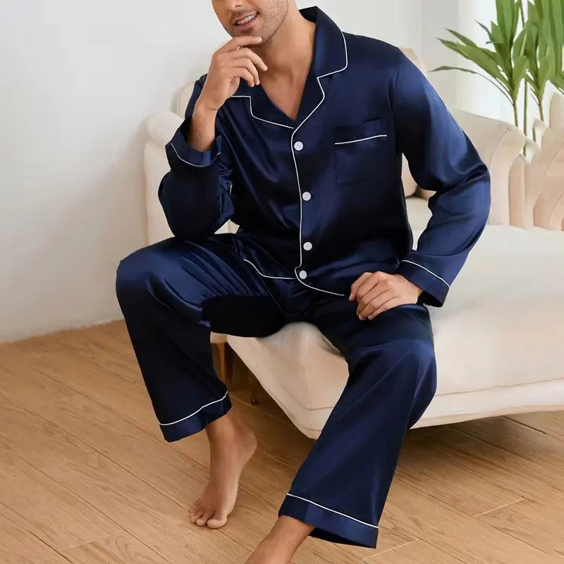 Men's Satin Pajama Set Linter Lapel Collar Long Sleeve Tops & Pants Sleepwear Button Down Loungewear Christmas Pyjama For Man