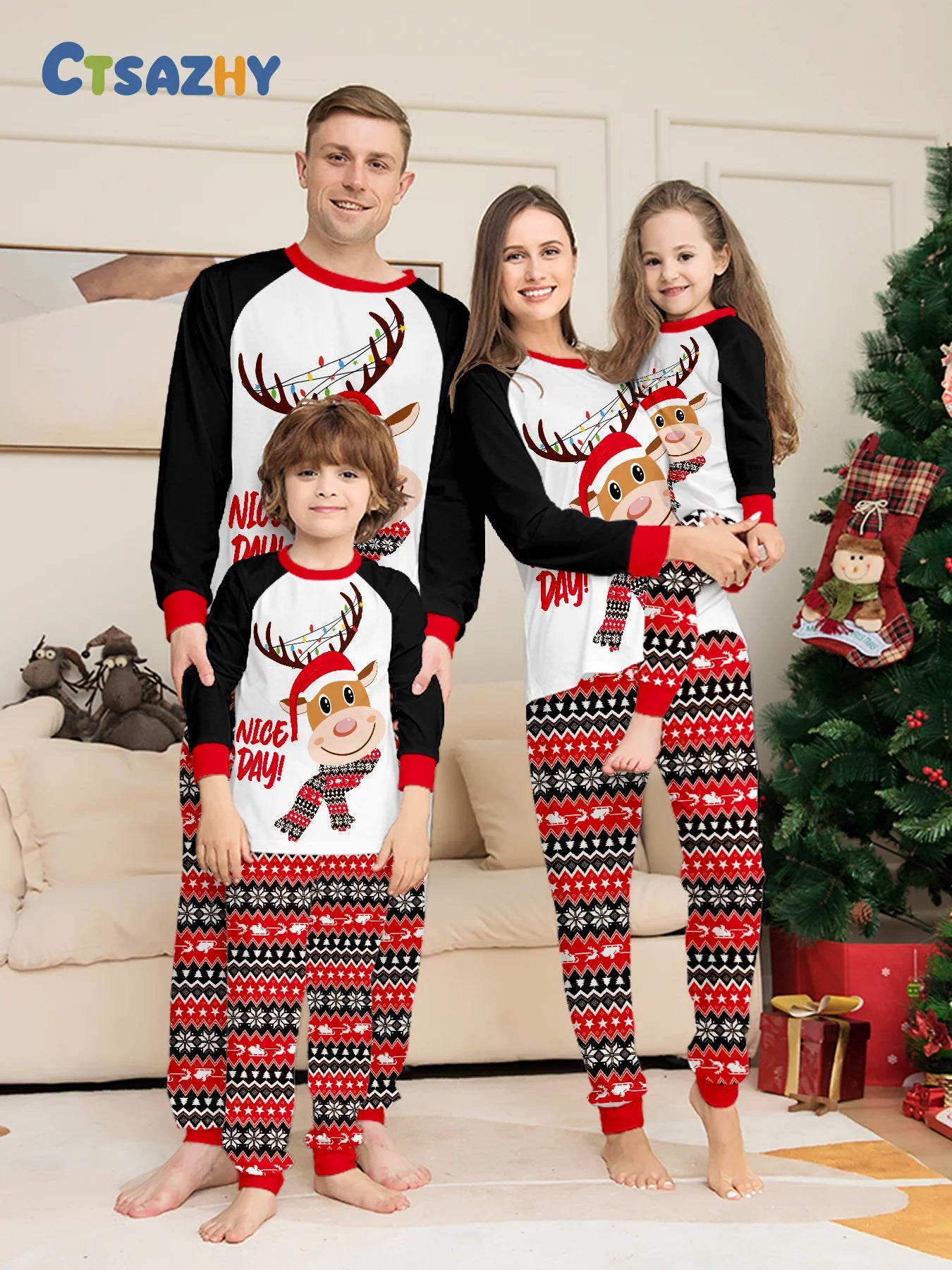 Family Matching Christmas Pajamas Sets - Adorable Santa & Reindeer Prints, Cozy Cotton Material
