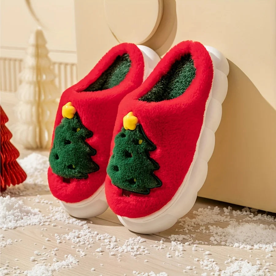 Christmas Tree Fleece Slippers, Cartoon Pattern,Round Toe Design EVA Sole Fabric Lining and Outsole, Easy to Put On and Take Off