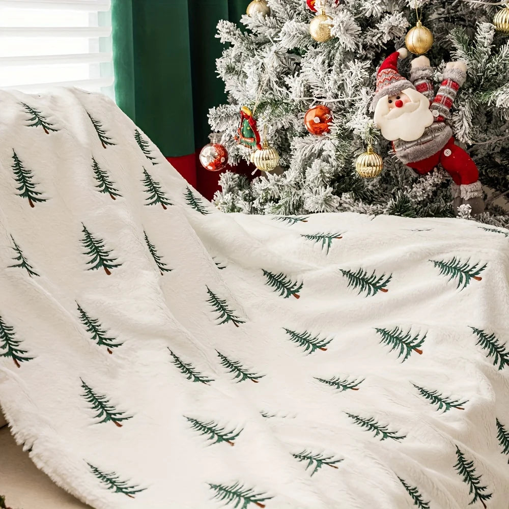 Christmas Blanket White Pine Tree Print Soft Plush Cozy Warm Xmas Design Home Decor Sofa Bed Living Room Festive Winter Gift