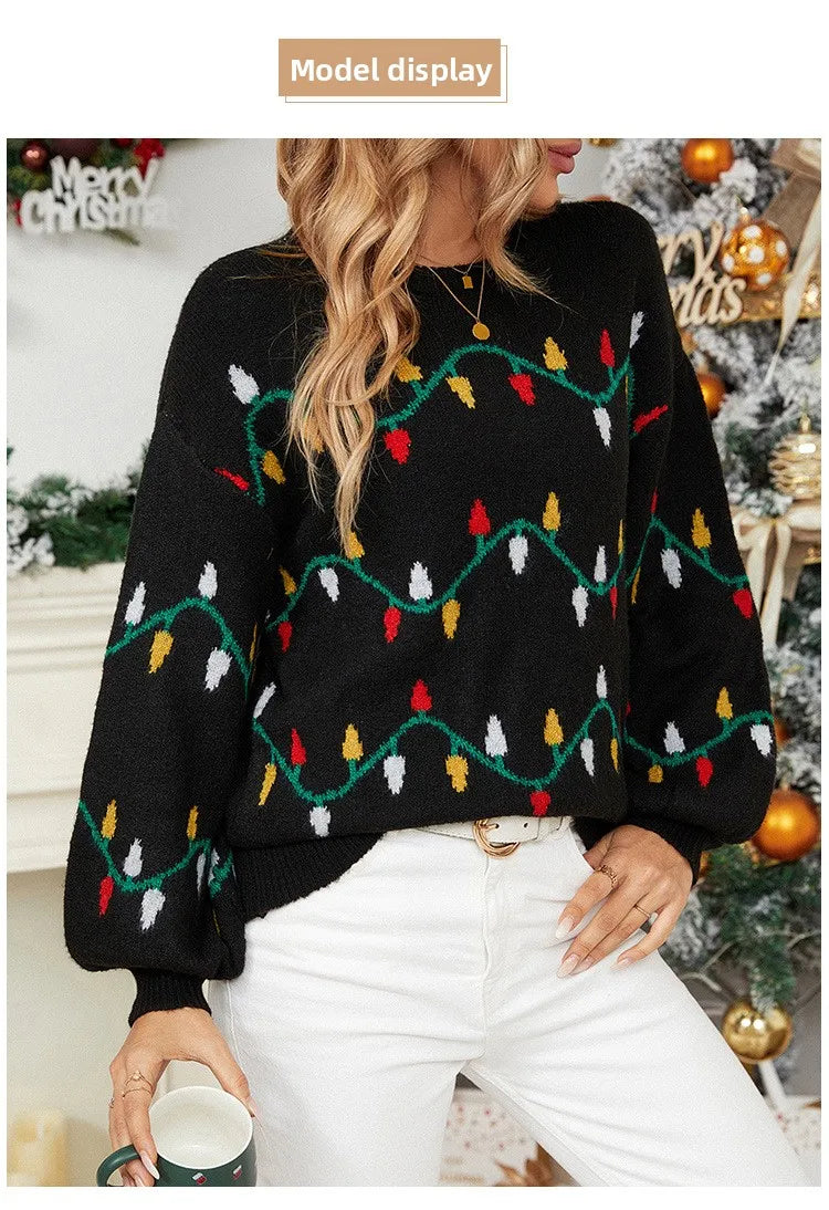 Christmas Sweater Fashion Women's Clothing Explosion Lights Sweet Pullover Loose Christmas Knitted Sweater Sweater Women