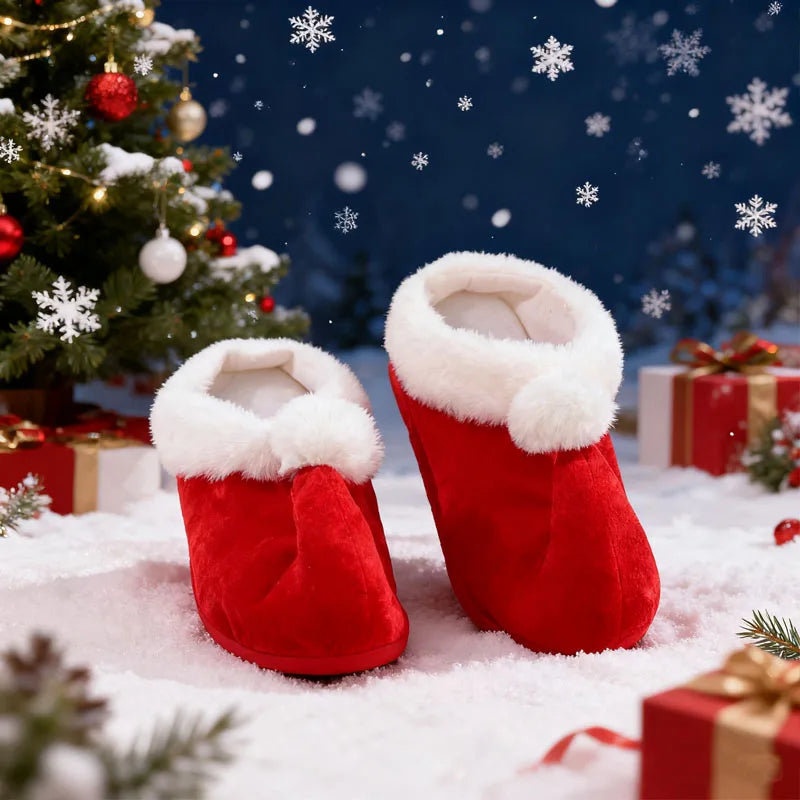 Christmas Red Plush Cotton Slippers Cute Santa Claus Elf Design Indoor Footwear for Holiday Home Wear Party Decoration