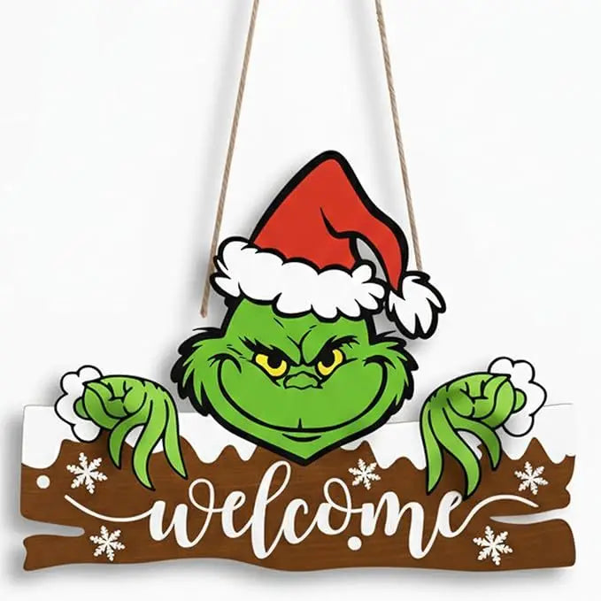 12 Inch-Indoor Grinch Christmas Hanging Decor - Wooden Welcome Sign for Home & Office Festive Holiday Decoration
