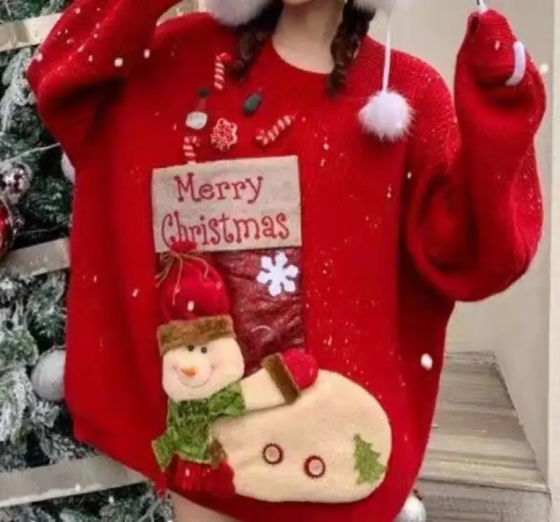 Christmas Sweater Woman Winter Keep Warm Tops Soft Sticky Round Neck Kawaii Student Knitwear Lazy Good-Looking New Year Pullover