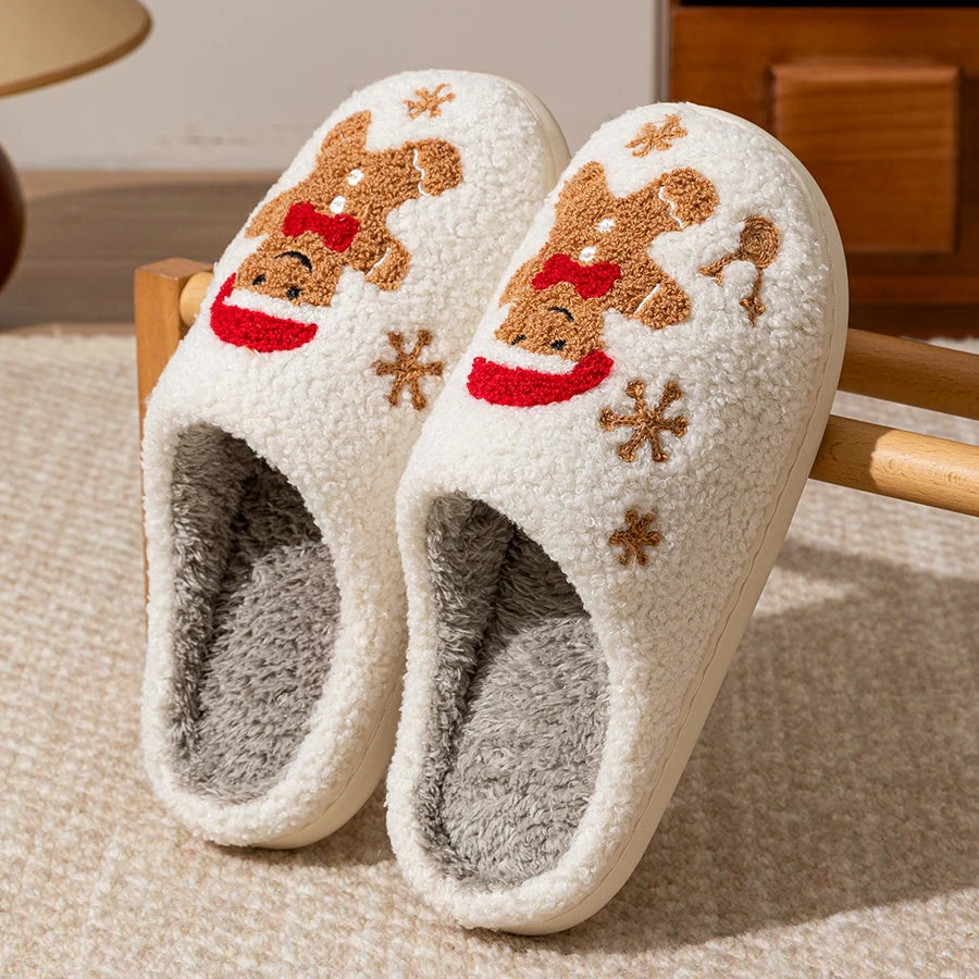 Christmas Slippers Winter Women's Warm Cute Pattern Indoor Soft Sole Comfortable Bedroom Casual Gingerbread Gift House Shoes