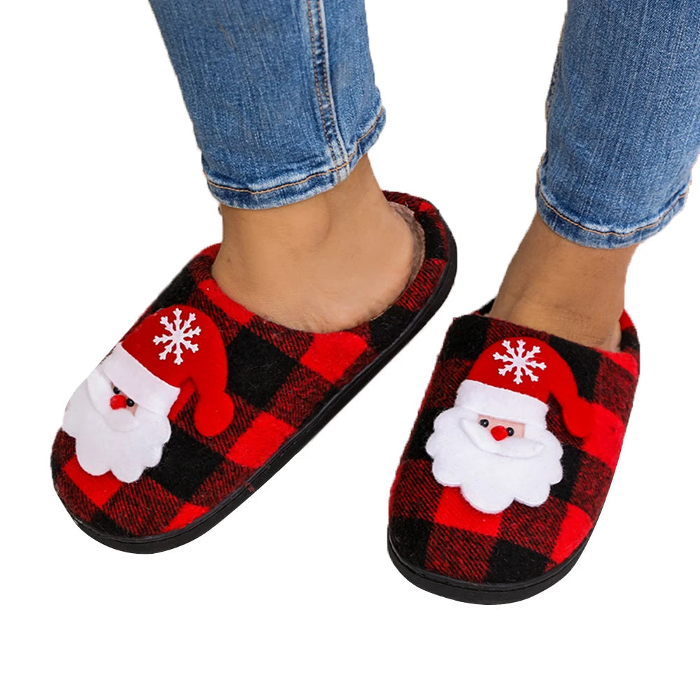 Christmas Furry Slippers Flat Santa Claus Plush Closed Toe Slippers Anti Slip Plush Slip-on House Shoes Plaid Household Supplies