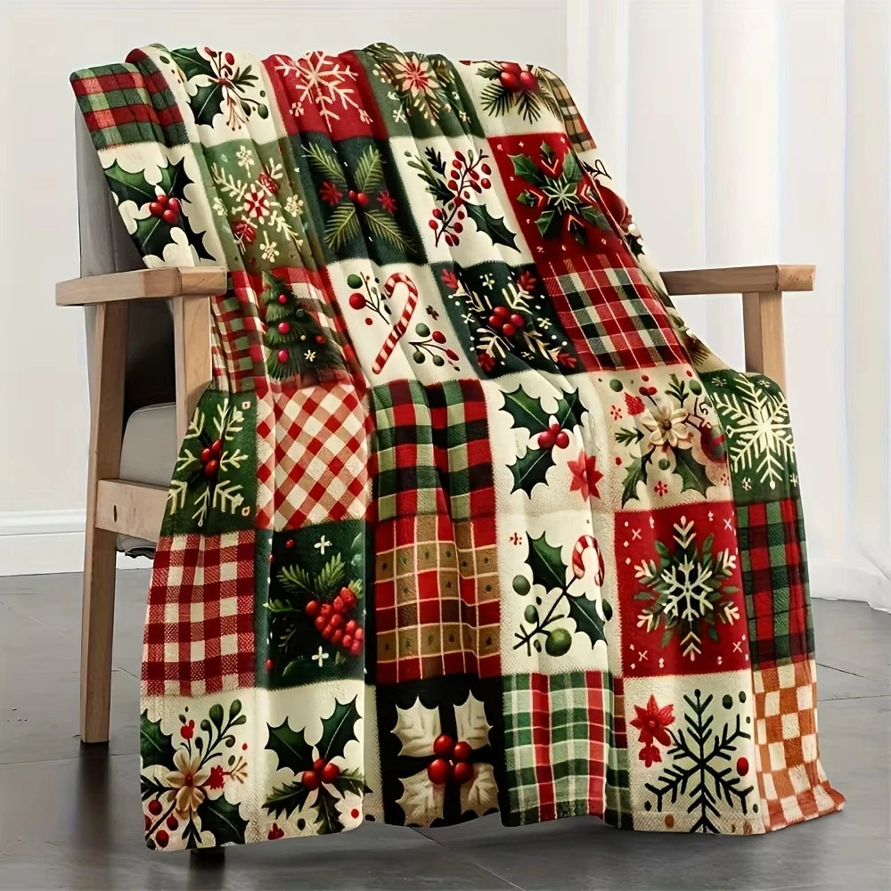 Christmas Blanket with Festive Snowflakes Holly Berries and Plaid Patches Perfect for Living Room Leisure