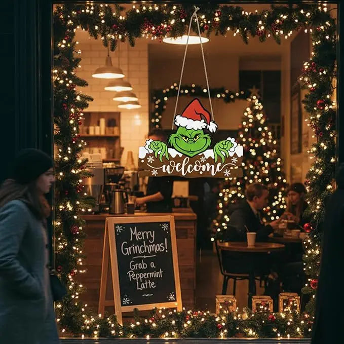 12 Inch-Indoor Grinch Christmas Hanging Decor - Wooden Welcome Sign for Home & Office Festive Holiday Decoration