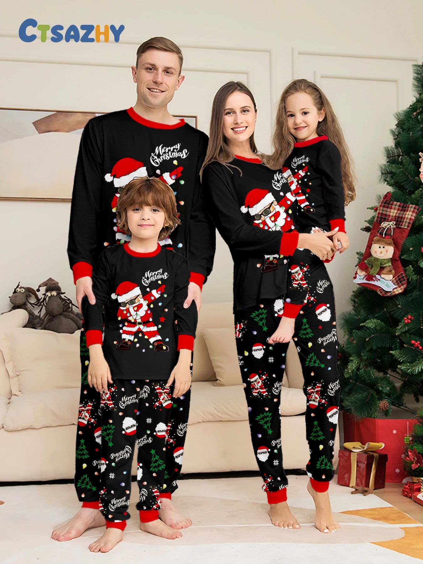 Family Matching Christmas Pajamas Set with Santa Claus Print, Festive Xmas Loungewear