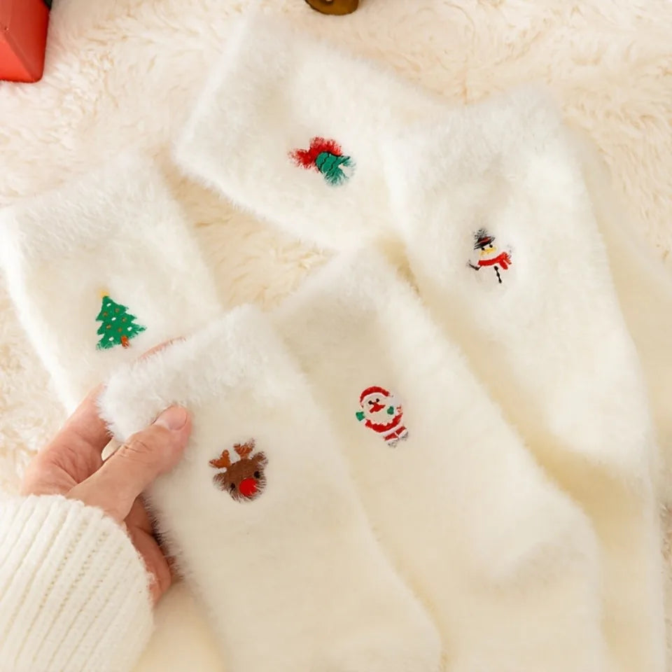 Christmas Stockings - Women's White Fuzzy Embroidered Festive Socks - Warm Thickened Velvet Hand Washable