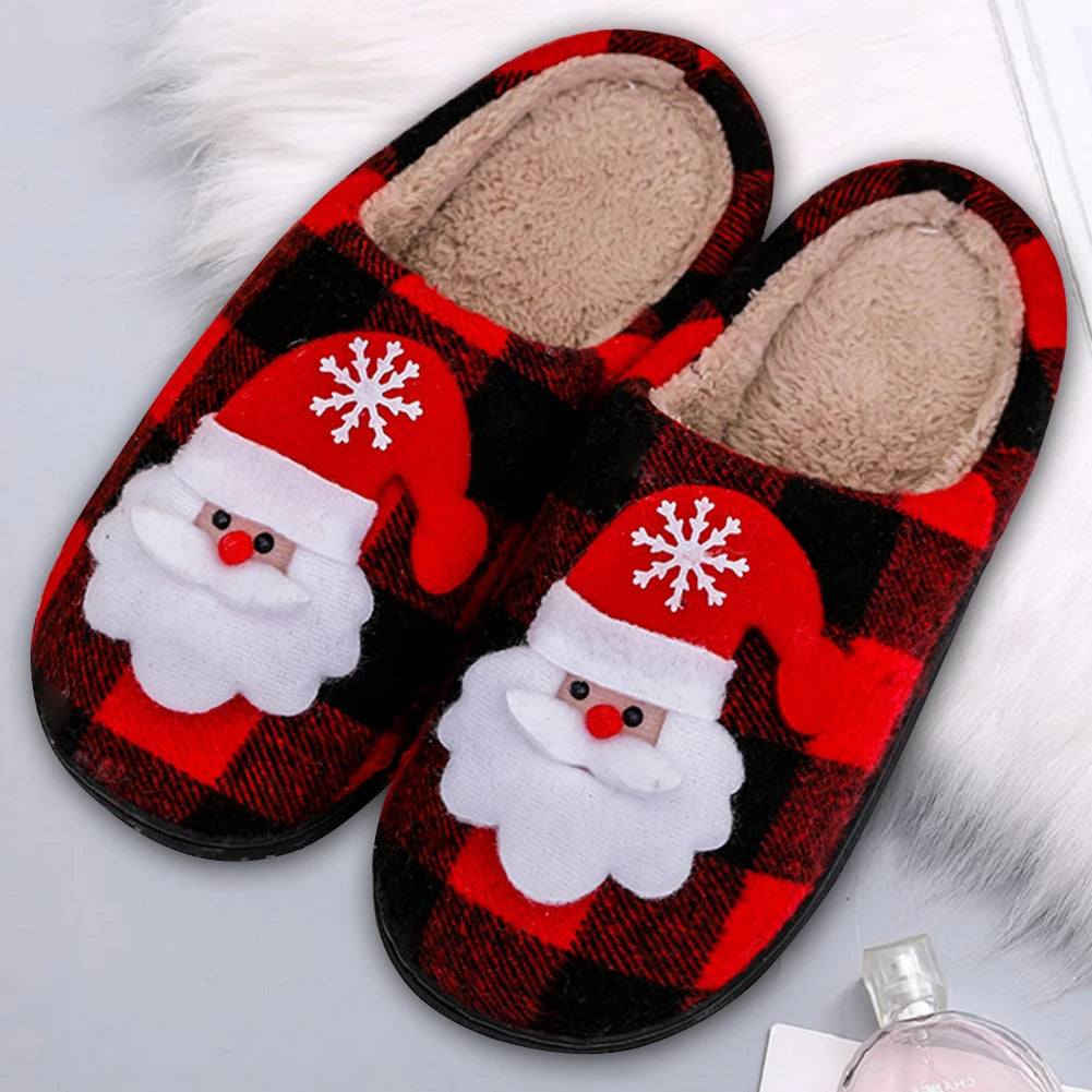 Christmas Furry Slippers Flat Santa Claus Plush Closed Toe Slippers Anti Slip Plush Slip-on House Shoes Plaid Household Supplies