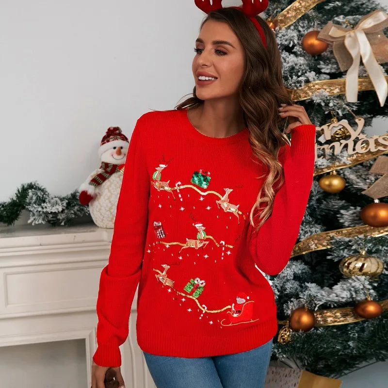 Christmas Knitted Sweaters Women 2025 Autumn/Winter New Collection: Deer Embroidered Sweater Women Вязаный Топ