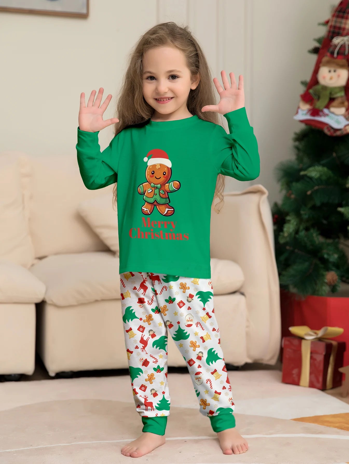 Family Matching Christmas Pajamas Set with Gingerbread Man & Festive Print, Cozy Xmas Loungewear