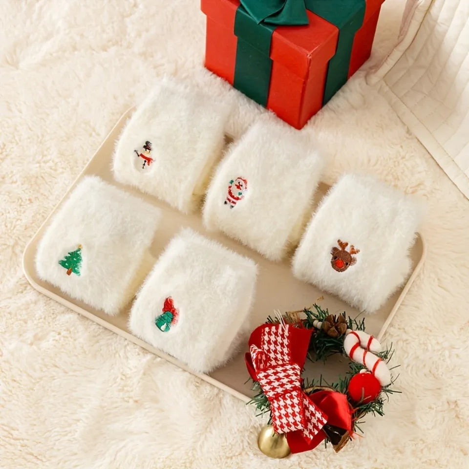 Christmas Stockings - Women's White Fuzzy Embroidered Festive Socks - Warm Thickened Velvet Hand Washable