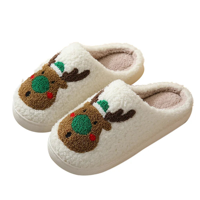 Christmas Women Warm Fashion Slippers Men Cute Santa Claus Embroidery Pattern Slides Couples Furry Sandals Family Plush Shoes