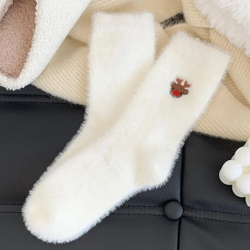 Christmas Stockings - Women's White Fuzzy Embroidered Festive Socks - Warm Thickened Velvet Hand Washable