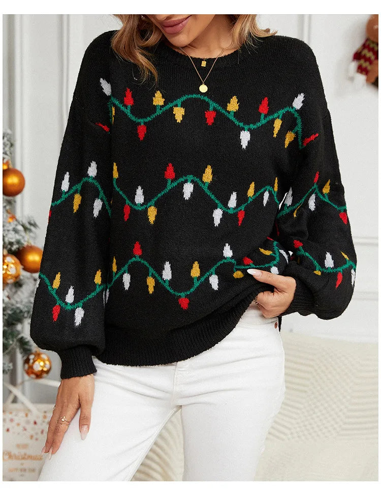 Christmas Sweater Fashion Women's Clothing Explosion Lights Sweet Pullover Loose Christmas Knitted Sweater Sweater Women