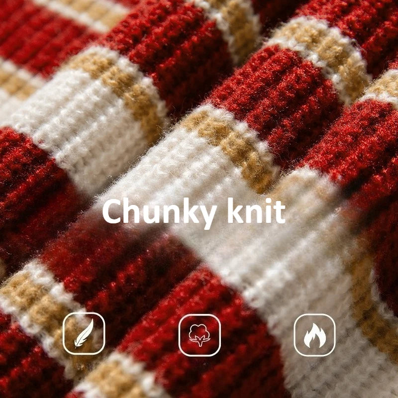 2025 New Christmas Sweater Men Women Striped Heavyweight Chunky Knitted Pullover Vintage Color Block Crewneck Couple Sweater