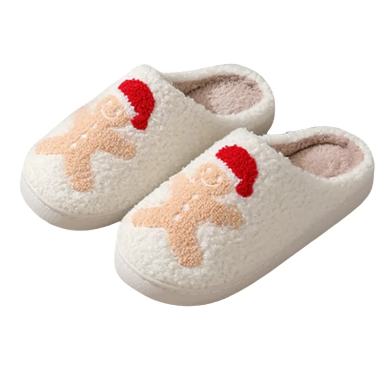 Christmas Women Warm Fashion Slippers Men Cute Santa Claus Embroidery Pattern Slides Couples Furry Sandals Family Plush Shoes