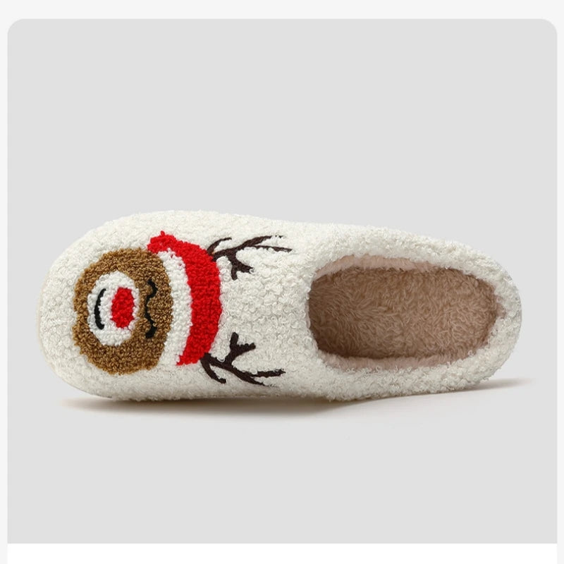 Christmas Women Warm Fashion Slippers Men Cute Santa Claus Embroidery Pattern Slides Couples Furry Sandals Family Plush Shoes