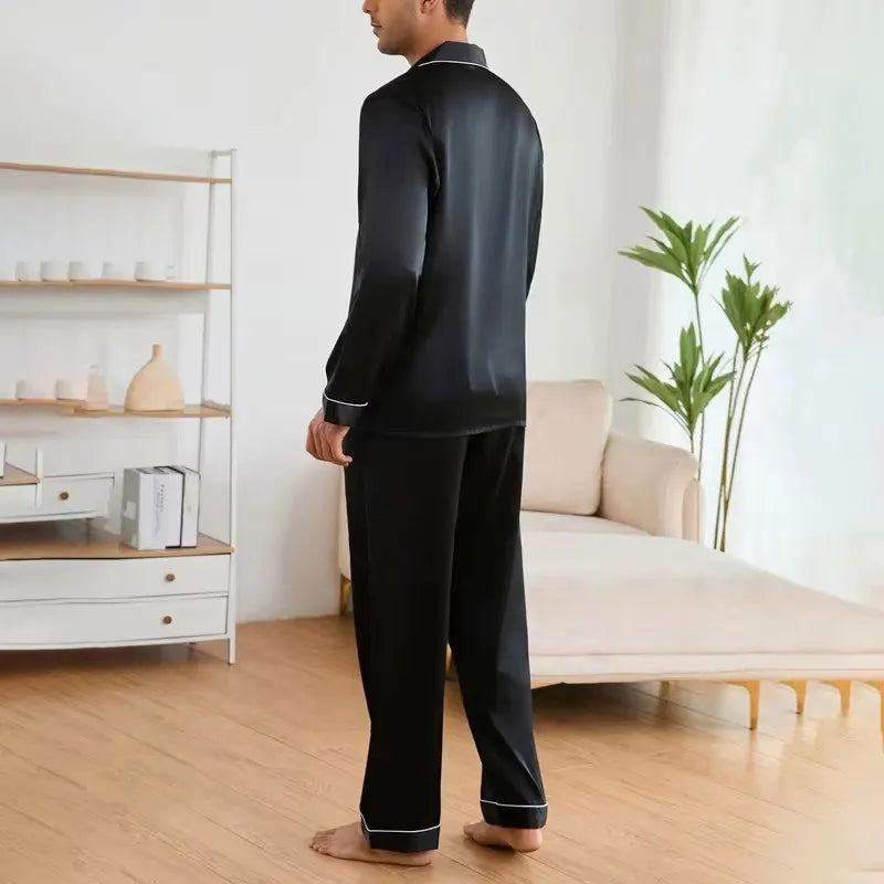 Men's Satin Pajama Set Linter Lapel Collar Long Sleeve Tops & Pants Sleepwear Button Down Loungewear Christmas Pyjama For Man