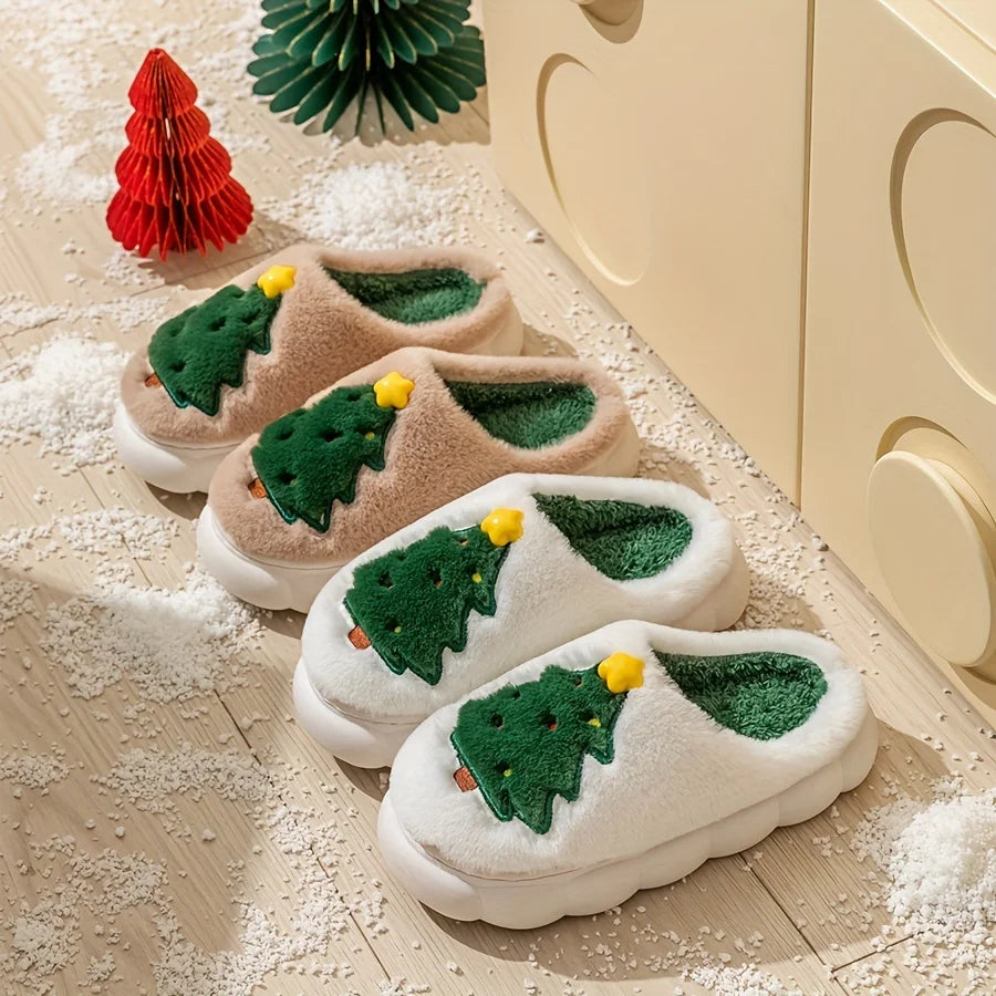 Christmas Tree Fleece Slippers, Cartoon Pattern,Round Toe Design EVA Sole Fabric Lining and Outsole, Easy to Put On and Take Off