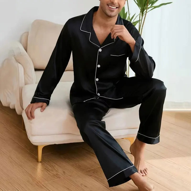 Men's Satin Pajama Set Linter Lapel Collar Long Sleeve Tops & Pants Sleepwear Button Down Loungewear Christmas Pyjama For Man