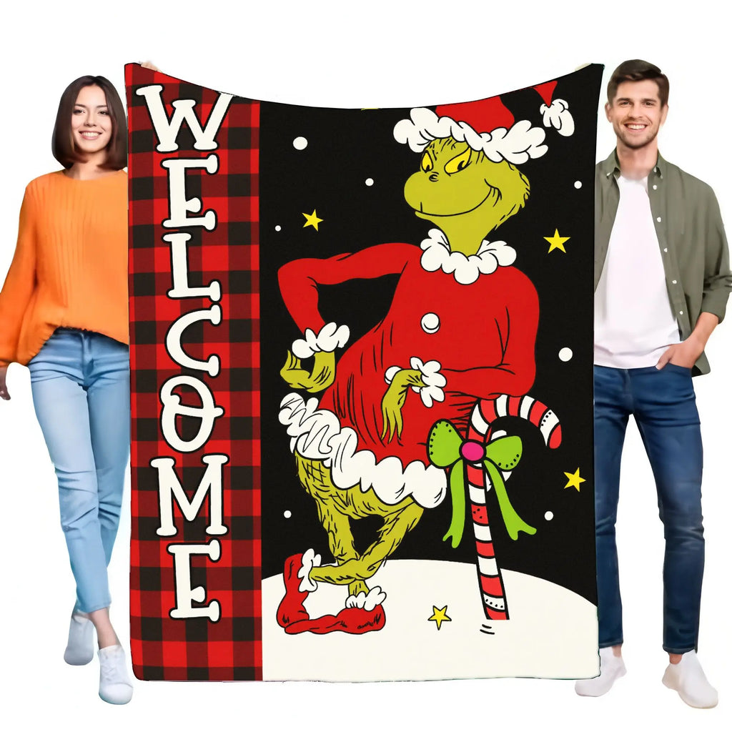 Grinch Christmas Blanket Soft Cozy Throw with 'Welcome' Design Perfect for Holiday Home Decor and Festive Gifting Ideal for Couc