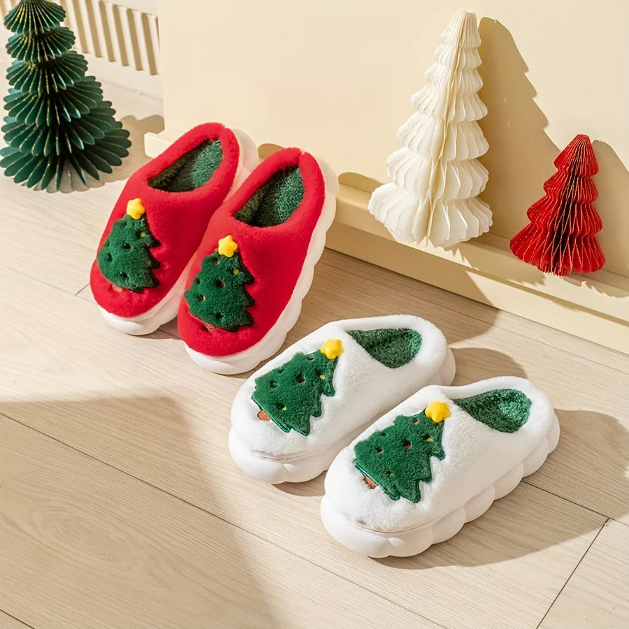Christmas Tree Fleece Slippers, Cartoon Pattern,Round Toe Design EVA Sole Fabric Lining and Outsole, Easy to Put On and Take Off