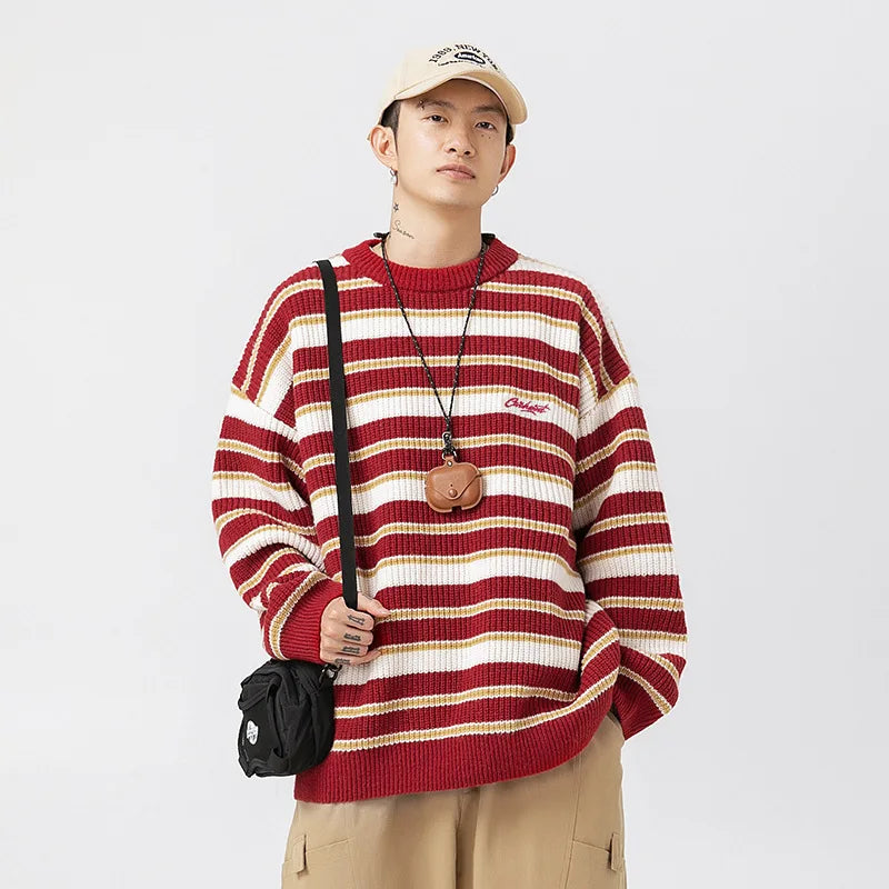 2025 New Christmas Sweater Men Women Striped Heavyweight Chunky Knitted Pullover Vintage Color Block Crewneck Couple Sweater