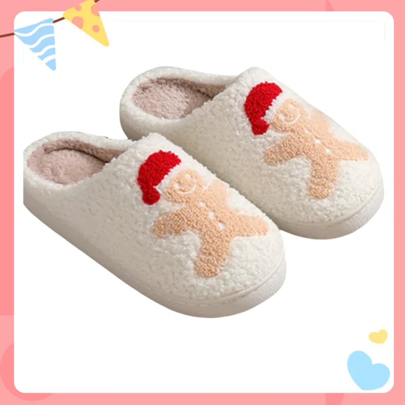Christmas Women Warm Fashion Slippers Men Cute Santa Claus Embroidery Pattern Slides Couples Furry Sandals Family Plush Shoes