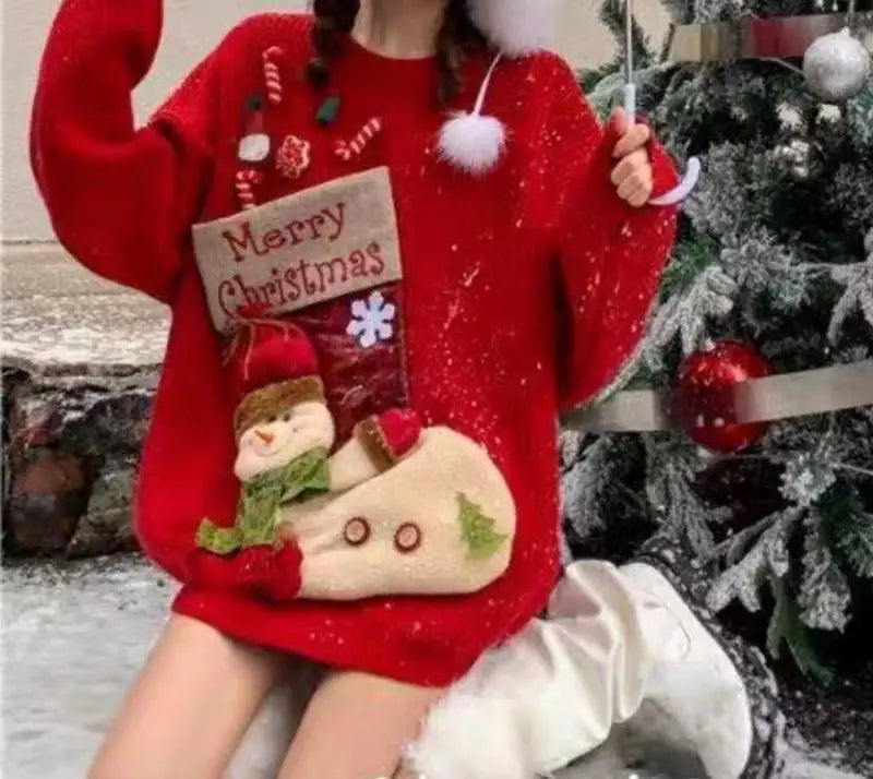 Christmas Sweater Woman Winter Keep Warm Tops Soft Sticky Round Neck Kawaii Student Knitwear Lazy Good-Looking New Year Pullover