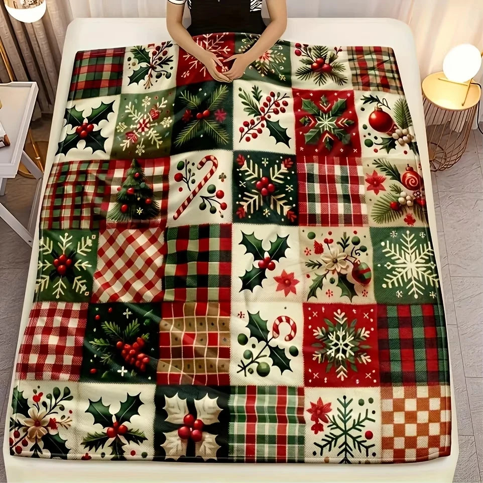 Christmas Blanket with Festive Snowflakes Holly Berries and Plaid Patches Perfect for Living Room Leisure