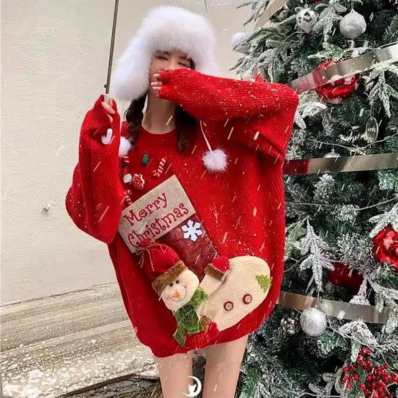Christmas Sweater Woman Winter Keep Warm Tops Soft Sticky Round Neck Kawaii Student Knitwear Lazy Good-Looking New Year Pullover