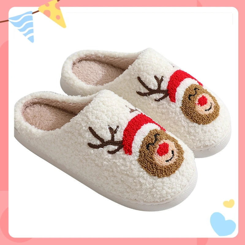 Christmas Women Warm Fashion Slippers Men Cute Santa Claus Embroidery Pattern Slides Couples Furry Sandals Family Plush Shoes