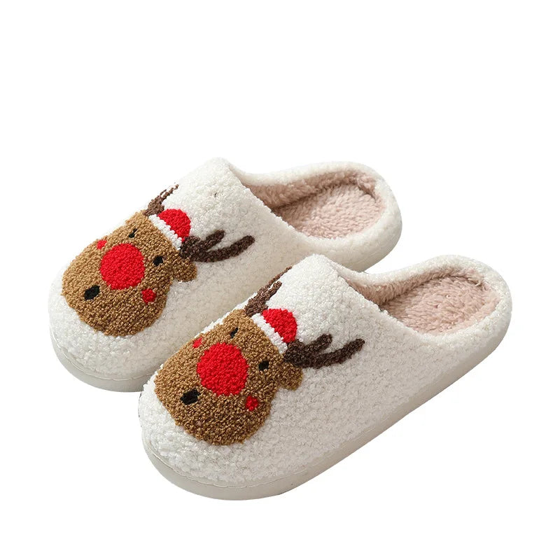 Christmas Women Warm Fashion Slippers Men Cute Santa Claus Embroidery Pattern Slides Couples Furry Sandals Family Plush Shoes