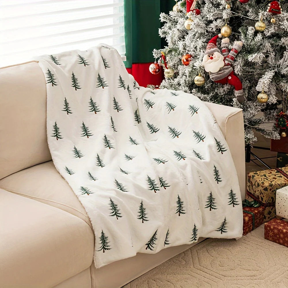 Christmas Blanket White Pine Tree Print Soft Plush Cozy Warm Xmas Design Home Decor Sofa Bed Living Room Festive Winter Gift
