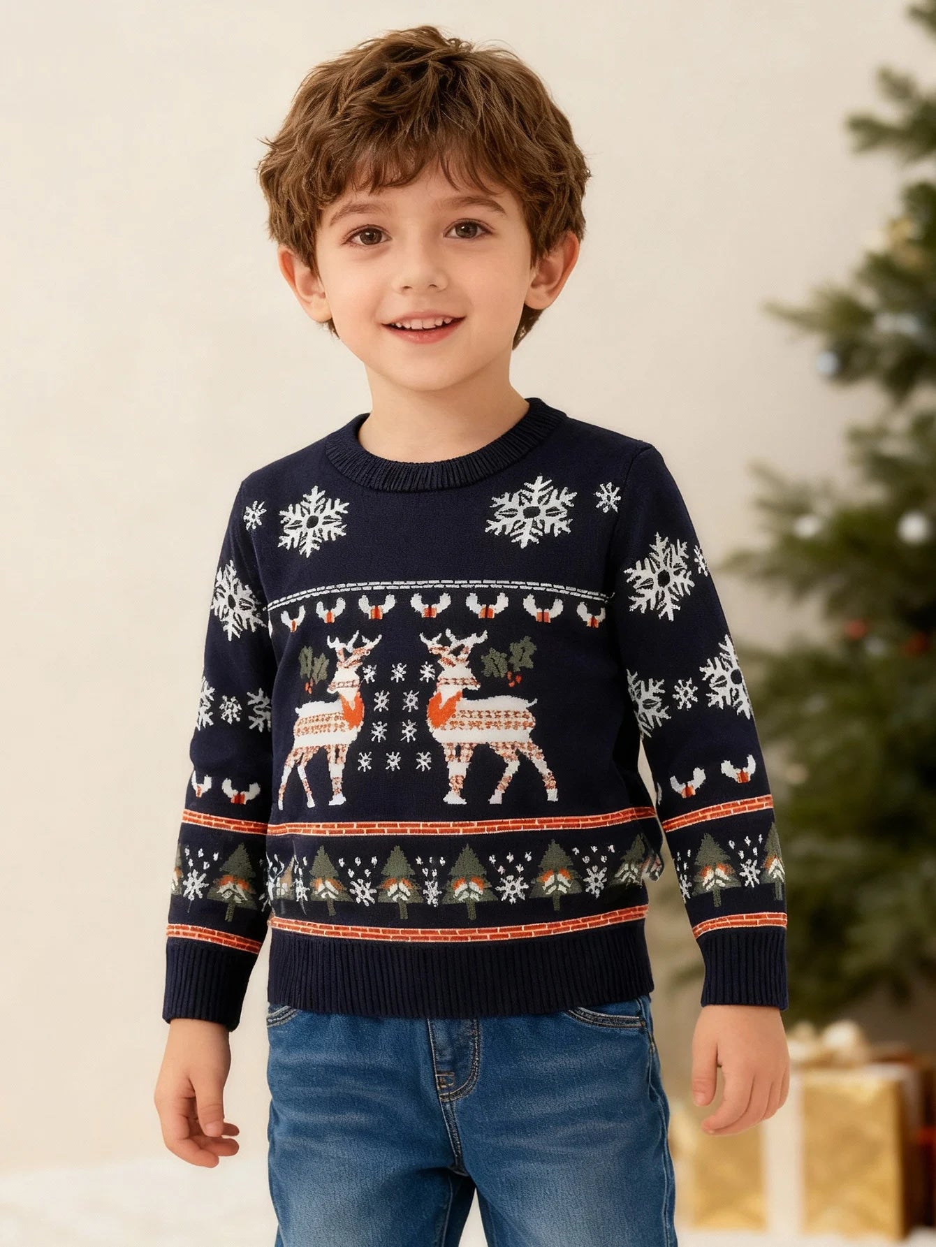 Christmas Boy sweater, long-sleeved round neck, cartoon reindeer pattern outdoor casual autumn and winter sweater