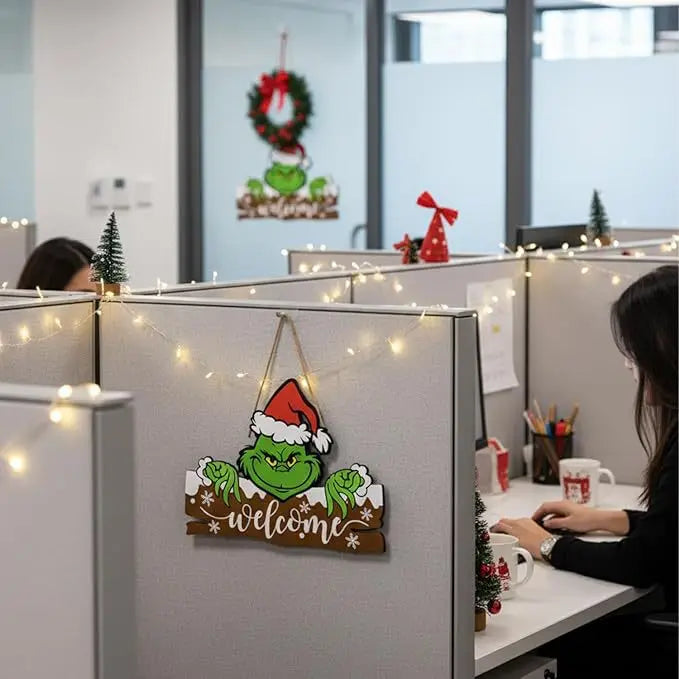 12 Inch-Indoor Grinch Christmas Hanging Decor - Wooden Welcome Sign for Home & Office Festive Holiday Decoration