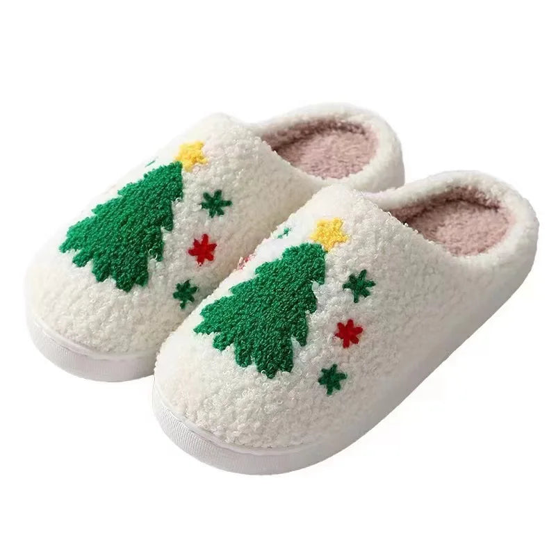 Christmas Women Warm Fashion Slippers Men Cute Santa Claus Embroidery Pattern Slides Couples Furry Sandals Family Plush Shoes