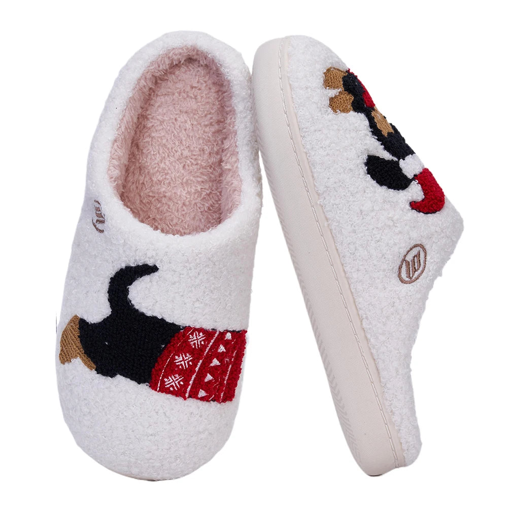 Christmas Women Slippers Cute Dachshund Santa Claus Winter Warm Slides Couple House Shoes Bedroom Anti Slip Flat Sole Slippers