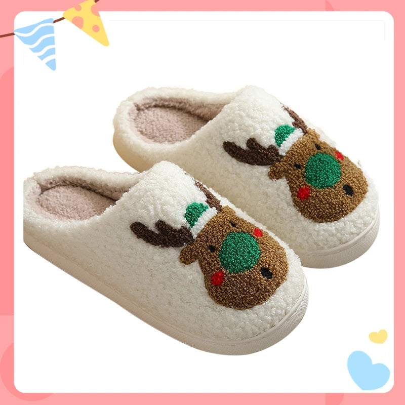 Christmas Women Warm Fashion Slippers Men Cute Santa Claus Embroidery Pattern Slides Couples Furry Sandals Family Plush Shoes
