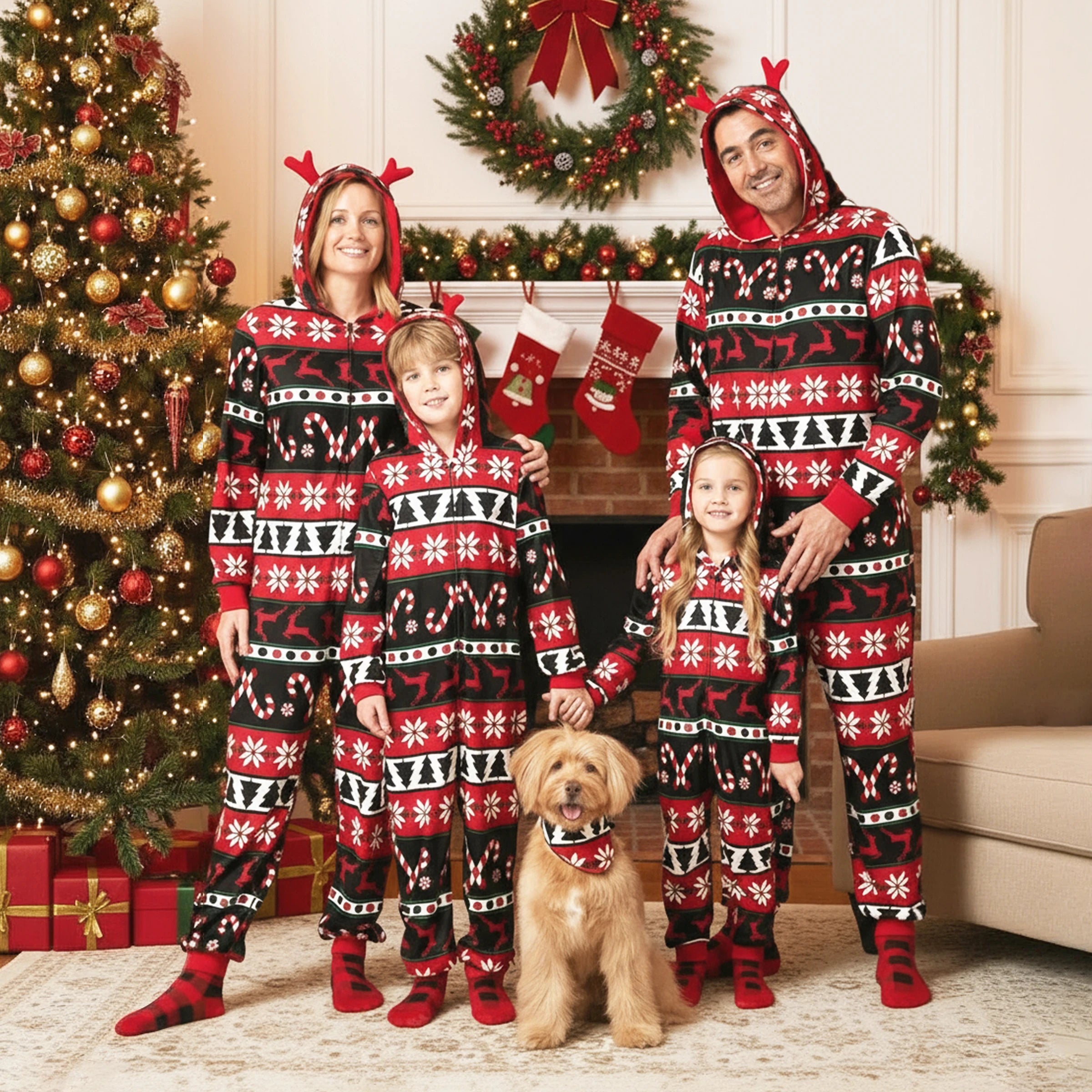PatPat Christmas Pajamas 3D Reindeer Pattern Zipper Hooded Onesies Matching Family Outfits